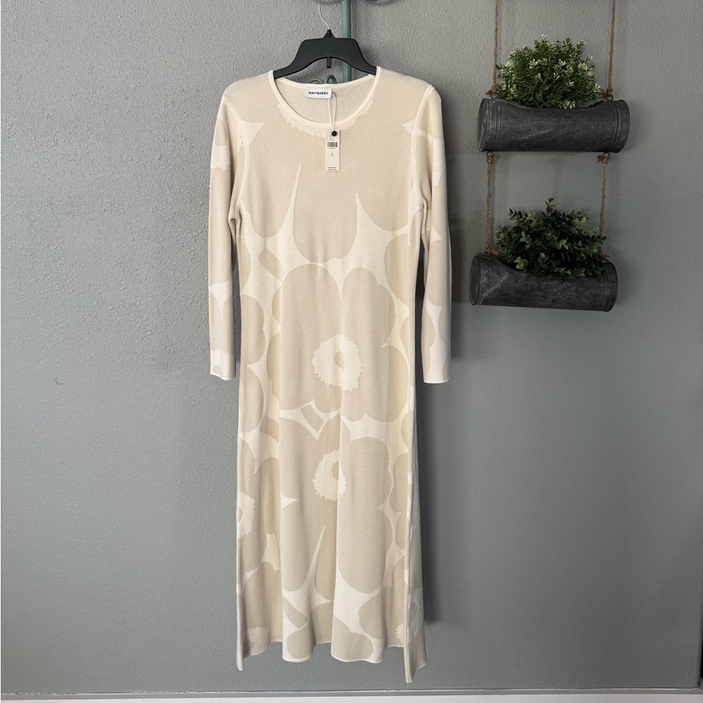 Marimekko Cream Floral Long Sleeve Sweater Dress size M NWT
